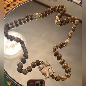Sandstone Long Necklace with Carved Cat and Gold Beads